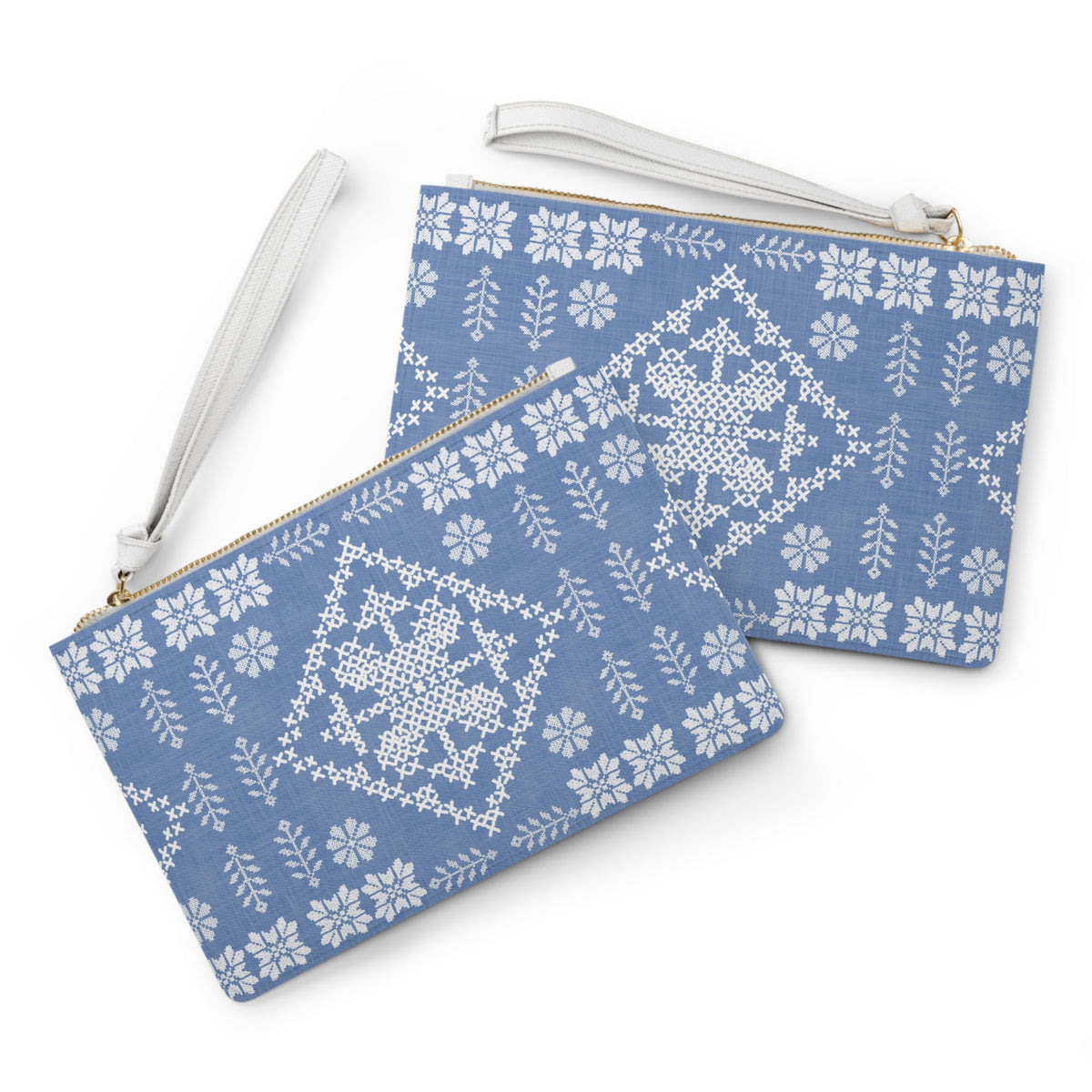 Tatreez Clutch Bag Blue with White Stitch Print