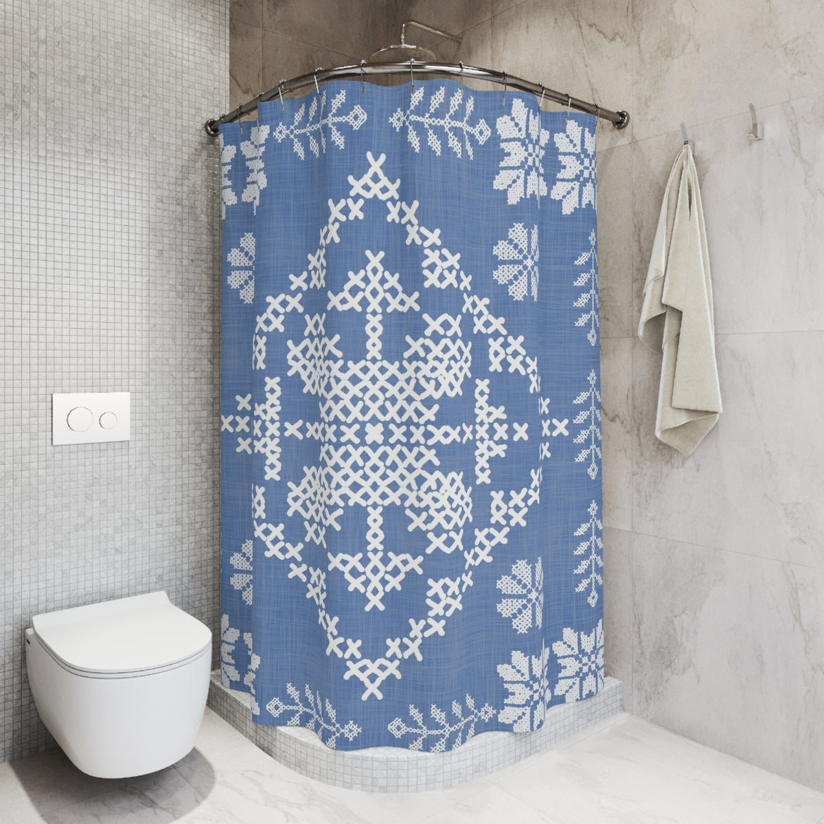 Tatreez Shower Curtain | Blue and White Bathroom Decor