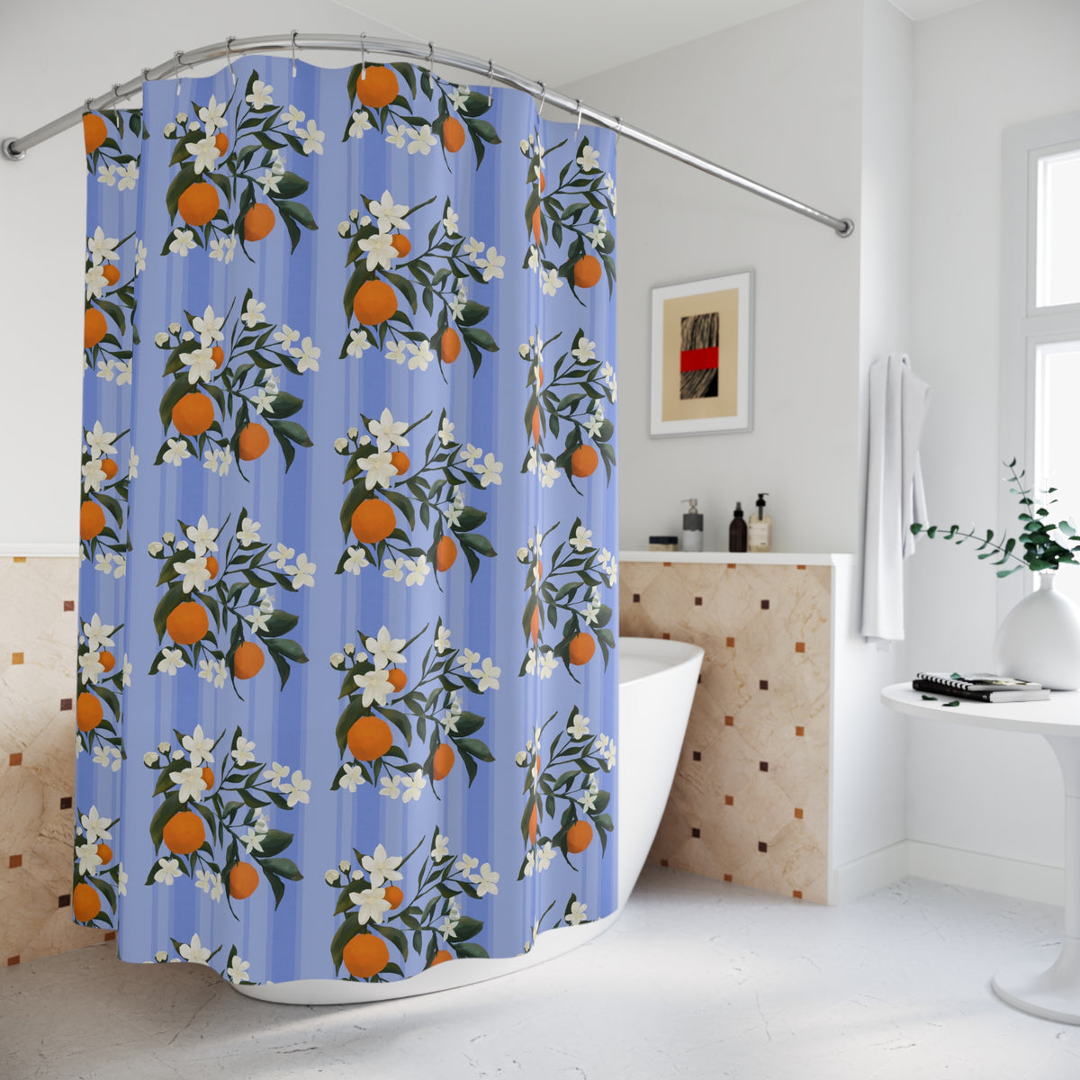 The Grove Citrus Blossom Shower Curtain – Blue Orange Floral Bathroom Decor
