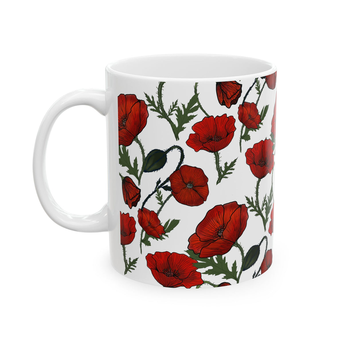 Poppy Field White Ceramic Mug, (11oz, 15oz)