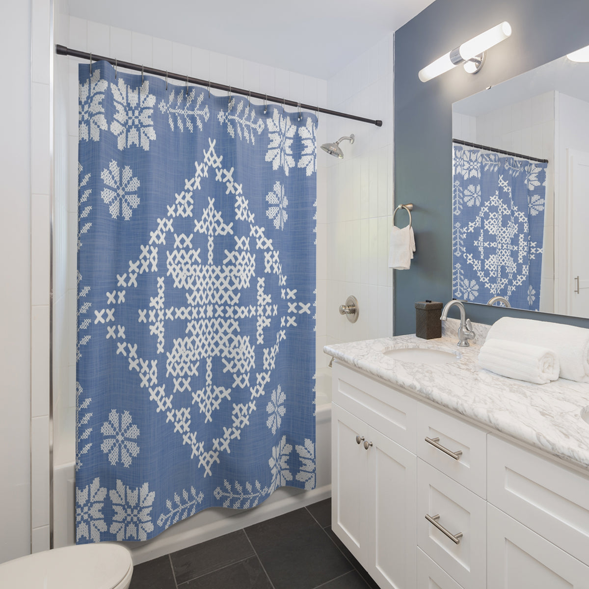 Tatreez Shower Curtain | Blue and White Bathroom Decor