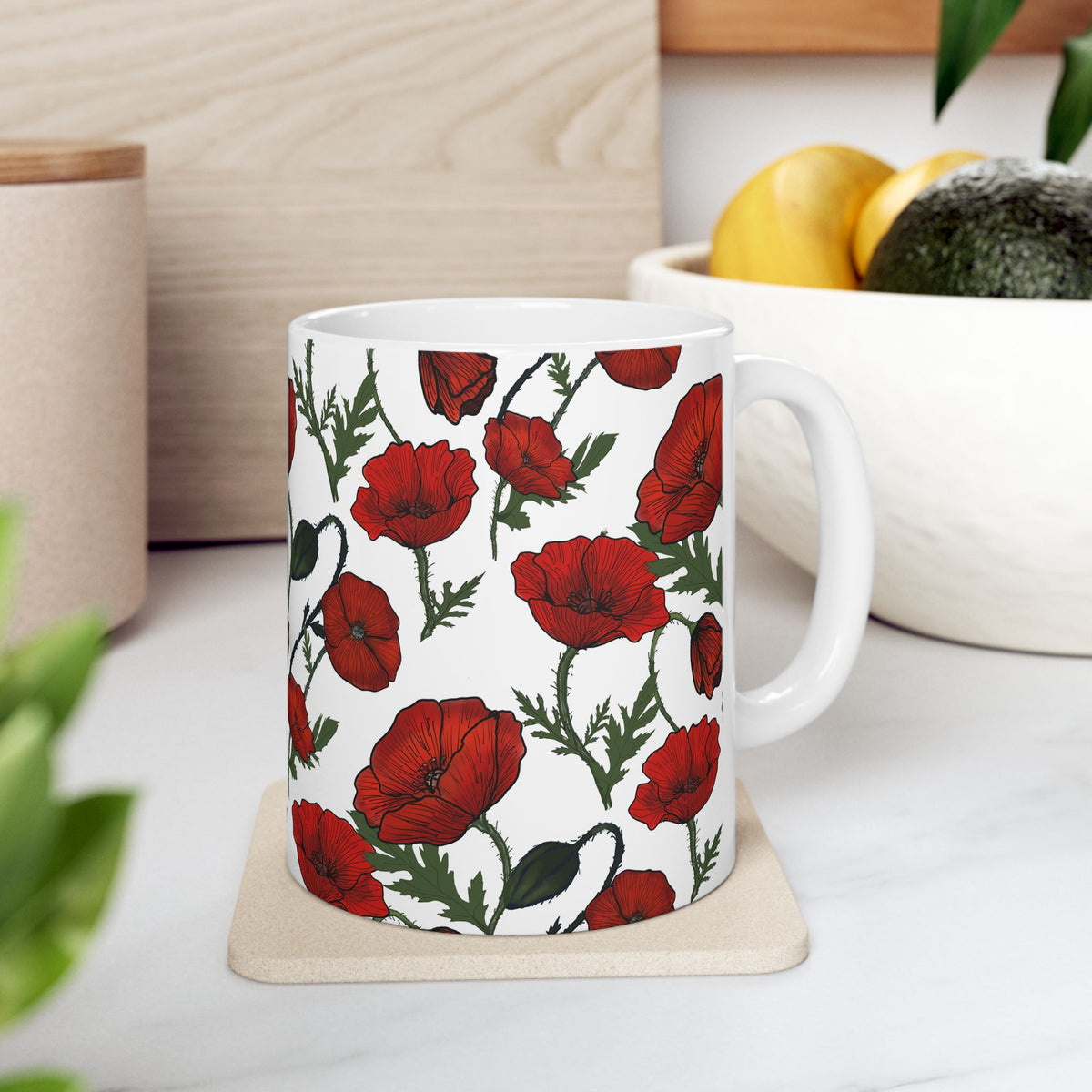 Poppy Field White Ceramic Mug, (11oz, 15oz)