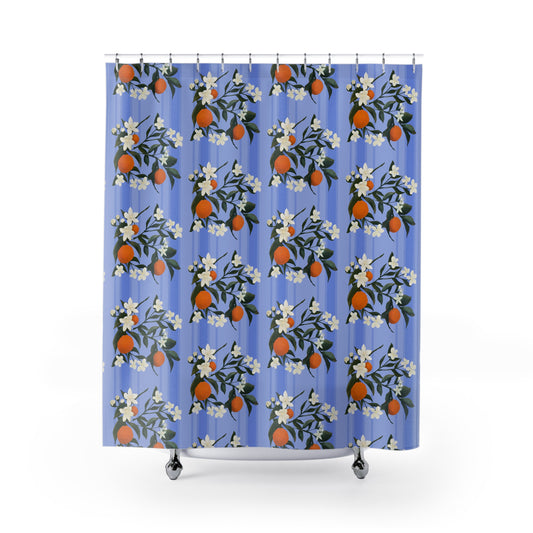 The Grove  Citrus Blossom Shower Curtain – Blue Orange Floral Bathroom Decor