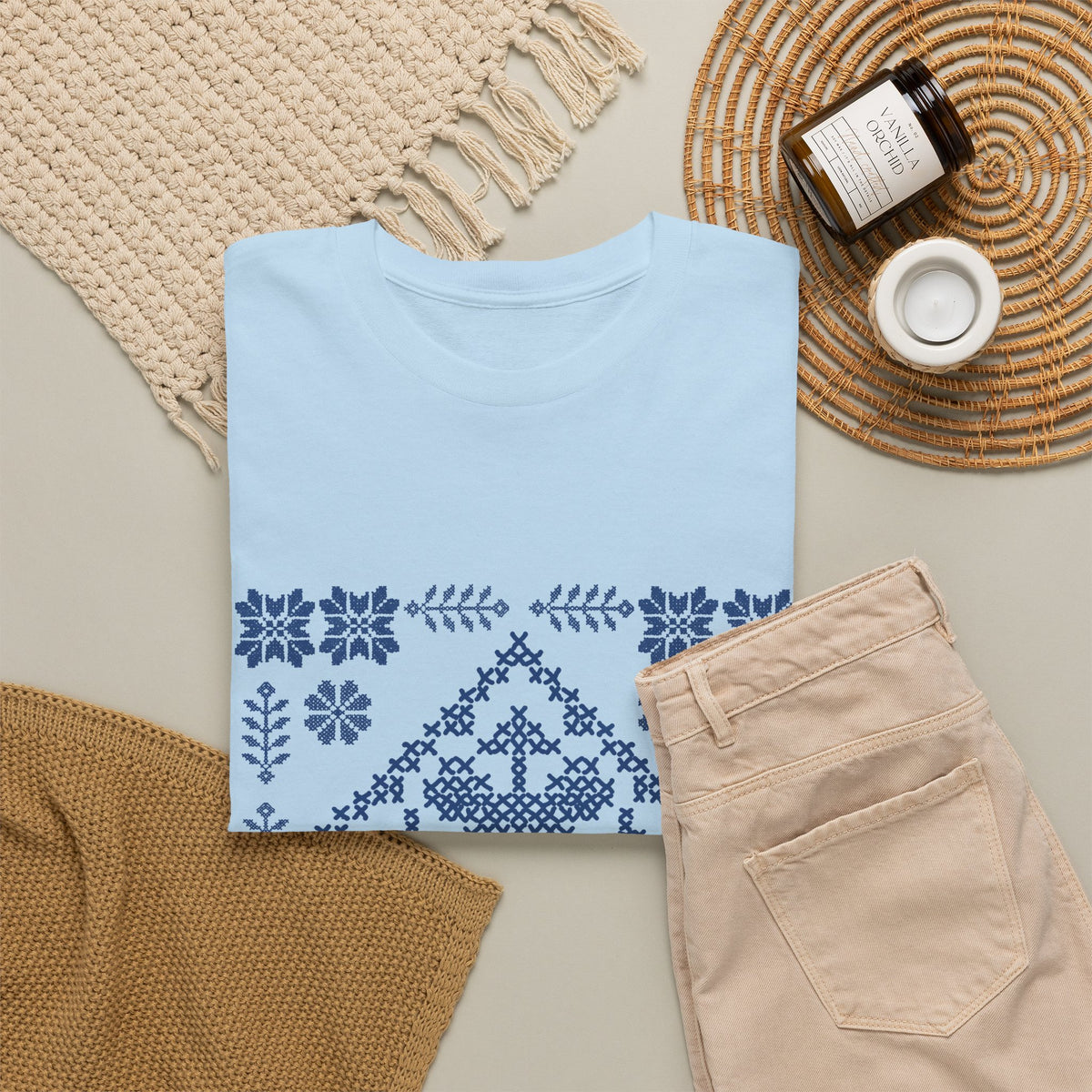 Tatreez Unisex Heavy Cotton Tee Blue Stitch Design