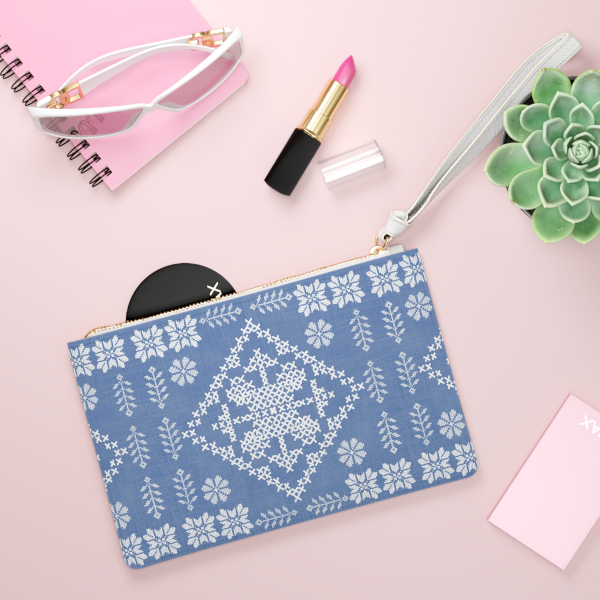 Tatreez Clutch Bag Blue with White Stitch Print