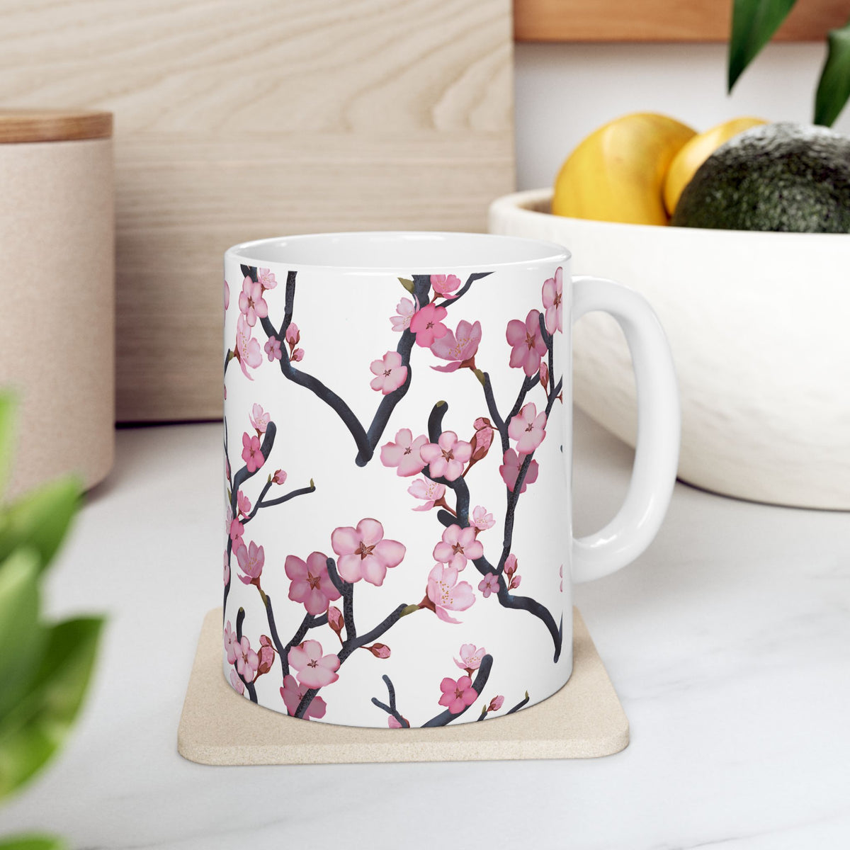 Cherry Blossom White Ceramic Mug, (11oz, 15oz) White