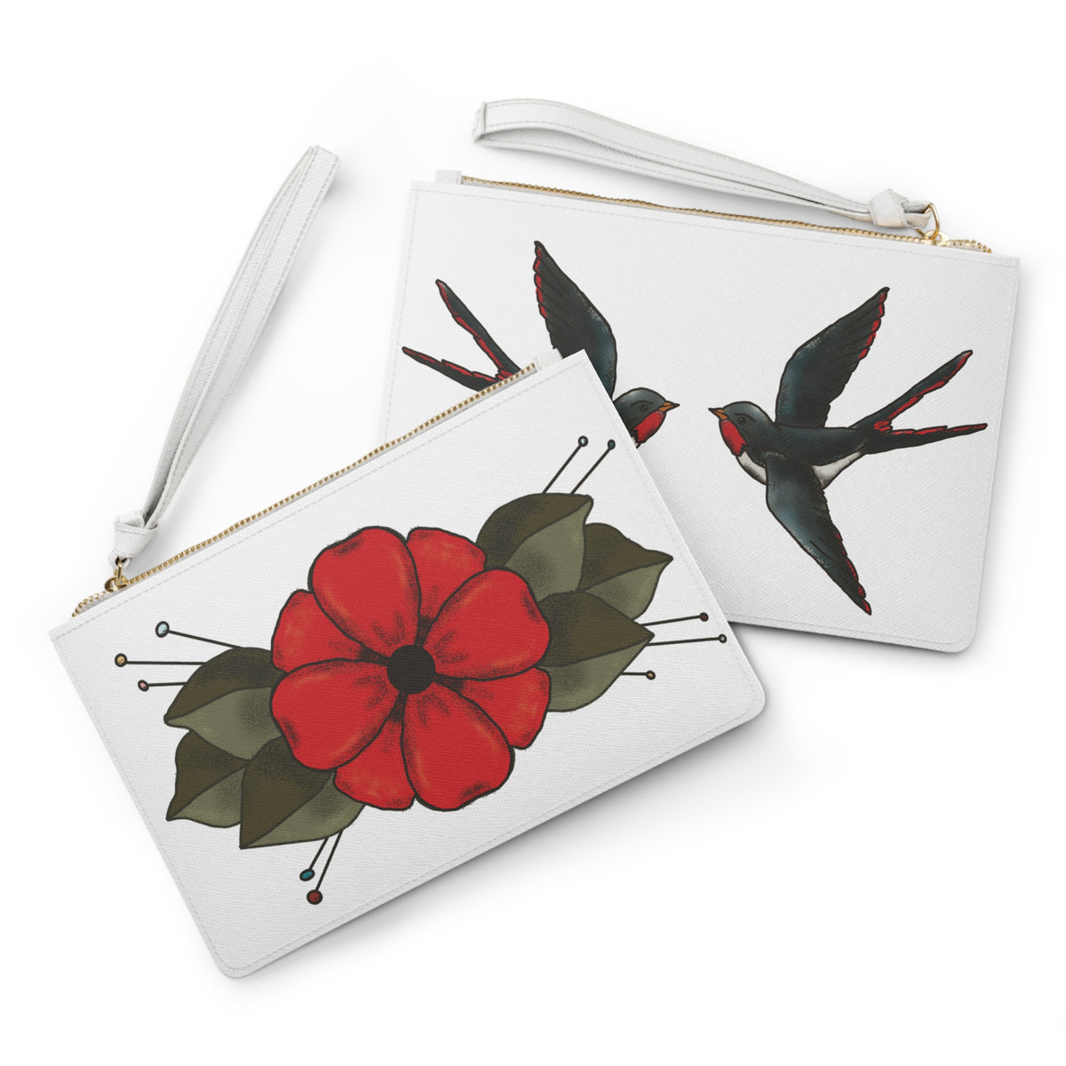 Old School Flash Dual Sparrows and Flower Design Clutch Bag