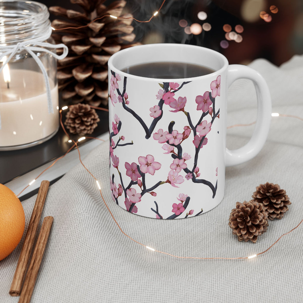 Cherry Blossom White Ceramic Mug, (11oz, 15oz) White