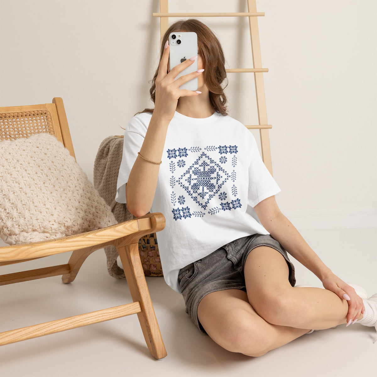Tatreez Unisex Heavy Cotton Tee Blue Stitch Design