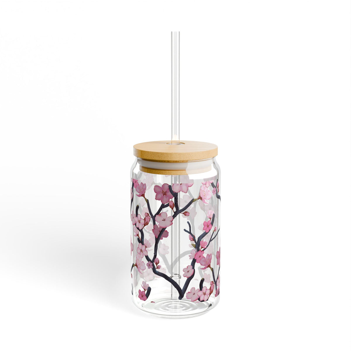Cherry Blossom Sipper Glass, 16oz Glass Can