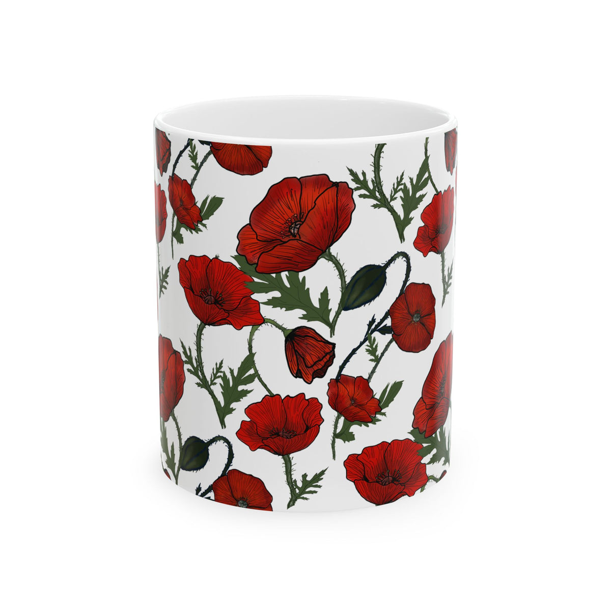 Poppy Field White Ceramic Mug, (11oz, 15oz)