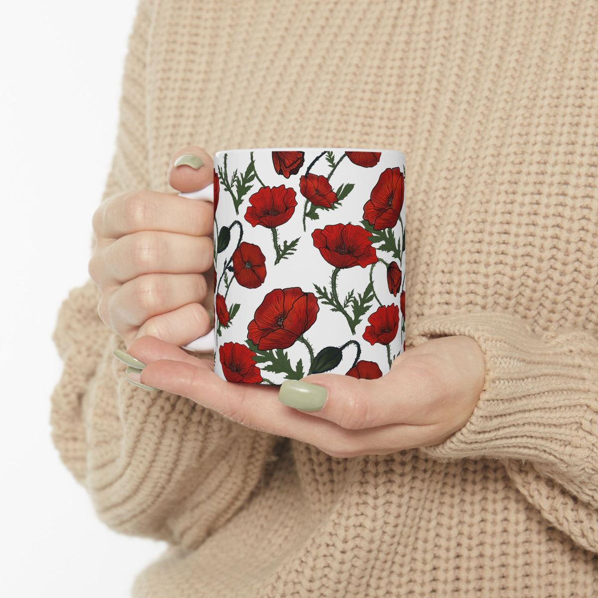 Poppy Field White Ceramic Mug, (11oz, 15oz)