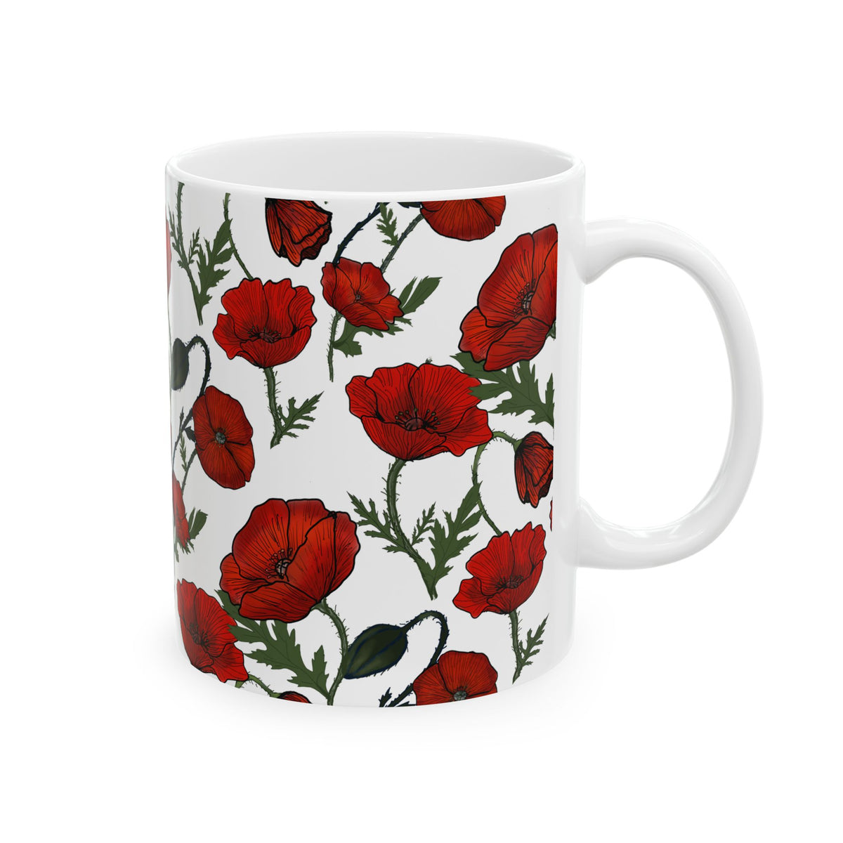 Poppy Field White Ceramic Mug, (11oz, 15oz)