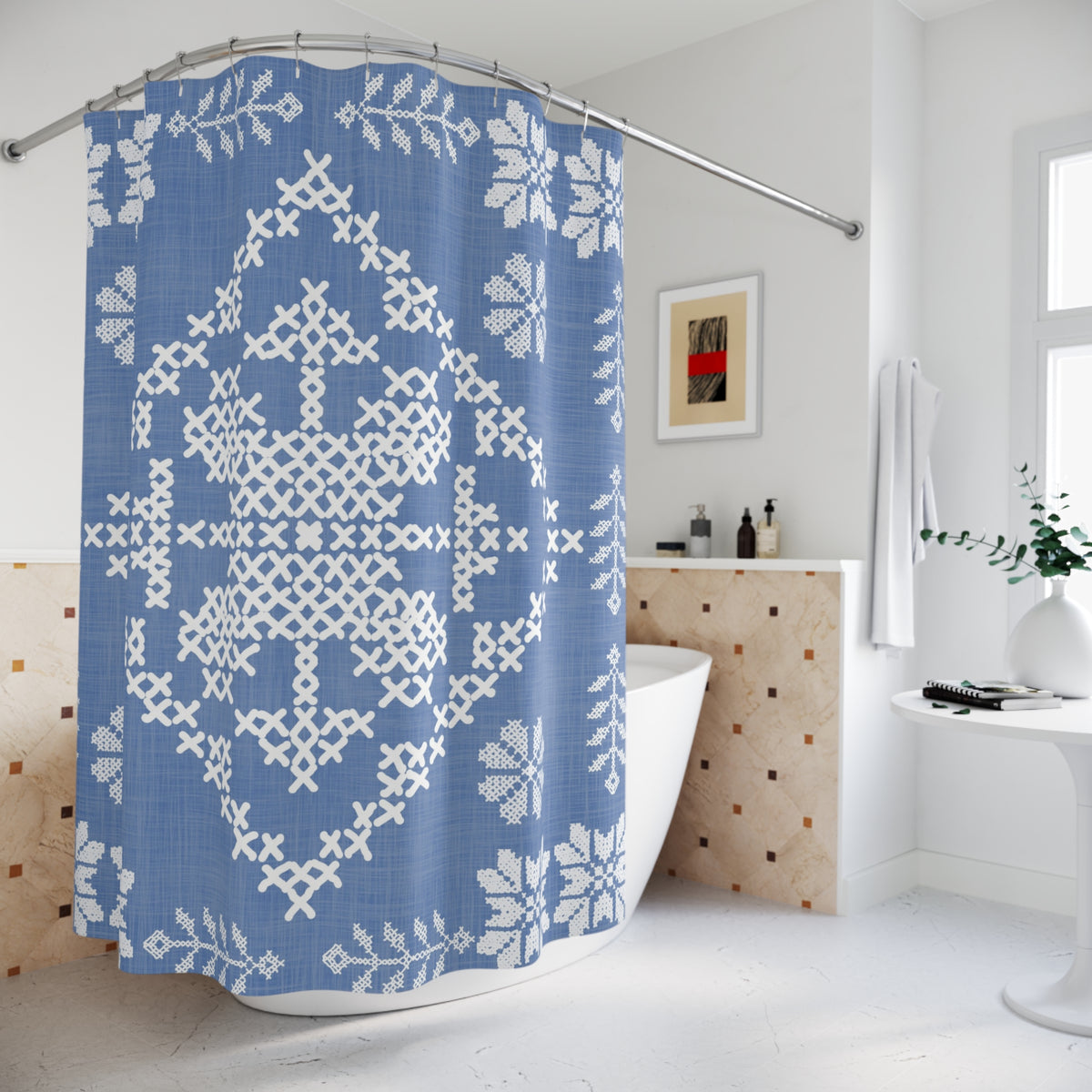 Tatreez Shower Curtain | Blue and White Bathroom Decor
