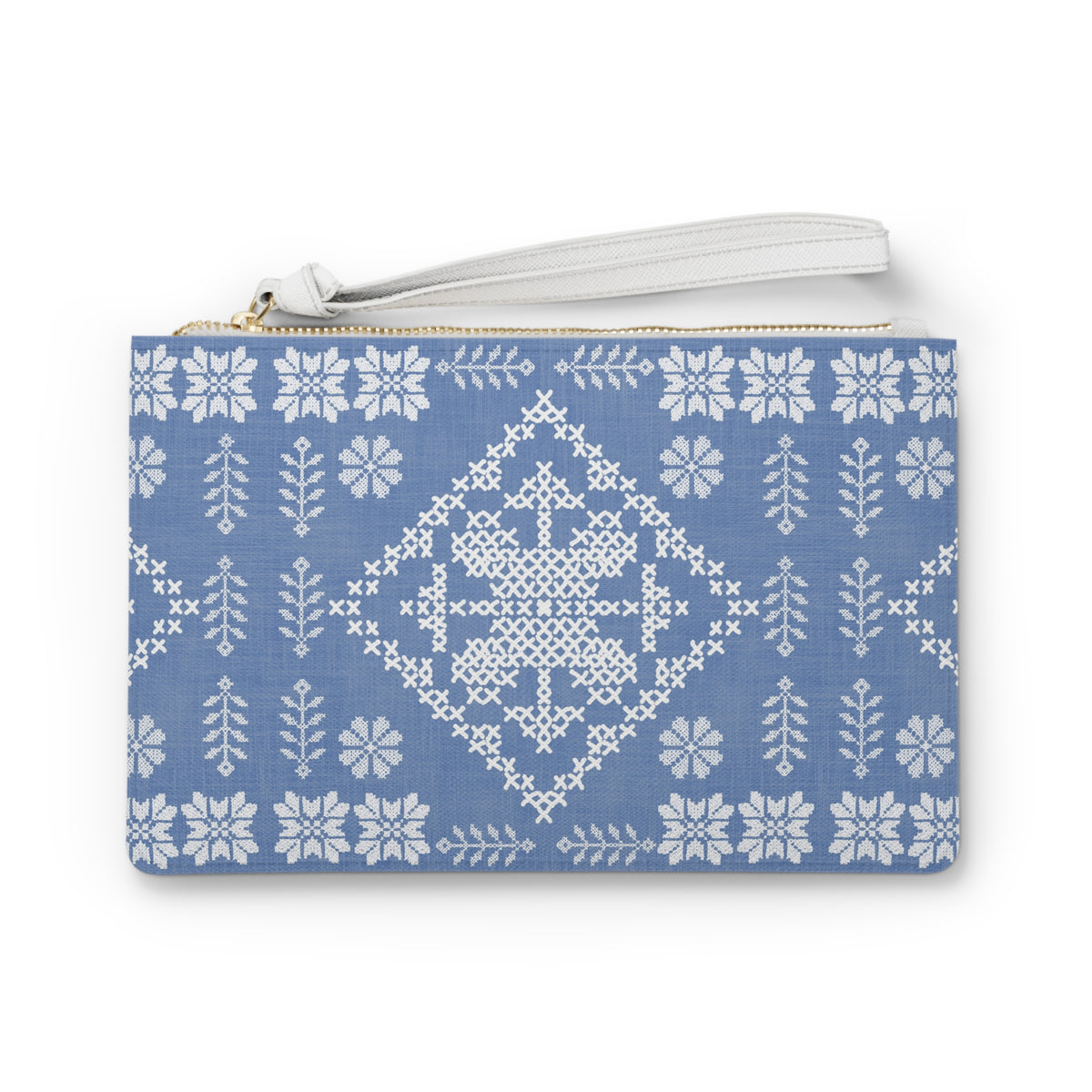 Tatreez Clutch Bag Blue with White Stitch Print