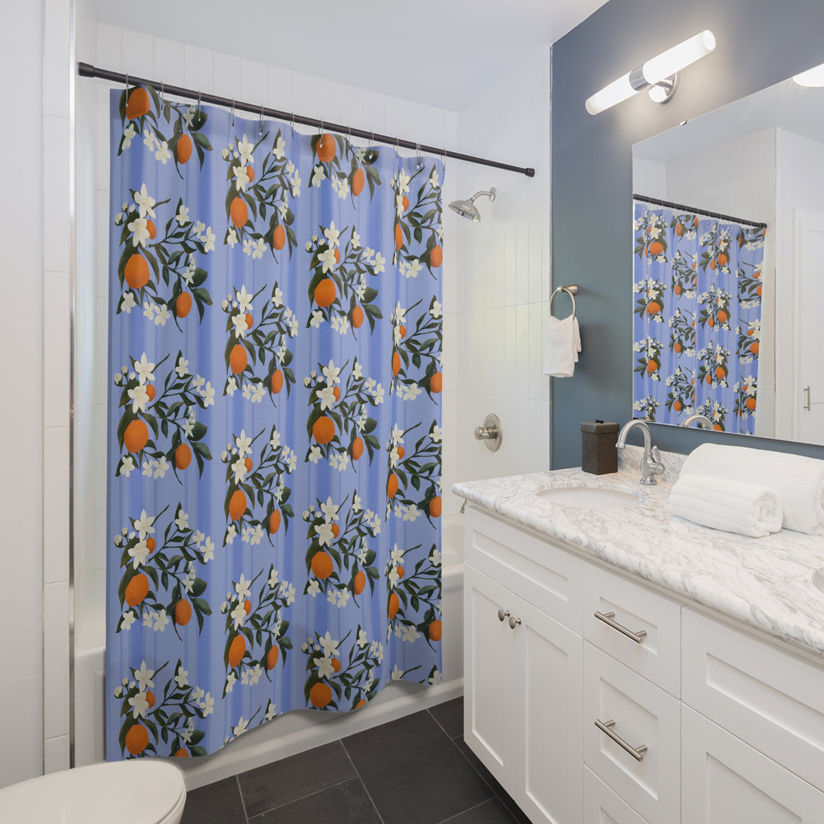 The Grove  Citrus Blossom Shower Curtain – Blue Orange Floral Bathroom Decor