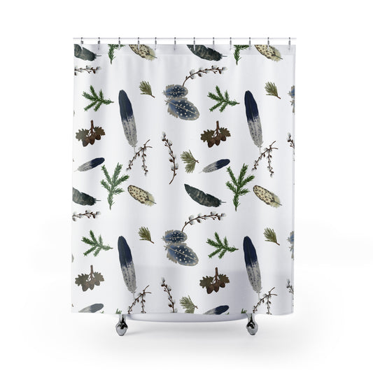 Forest Floor Shower Curtain — Watercolor Feathers & Foliage Bathroom Decor