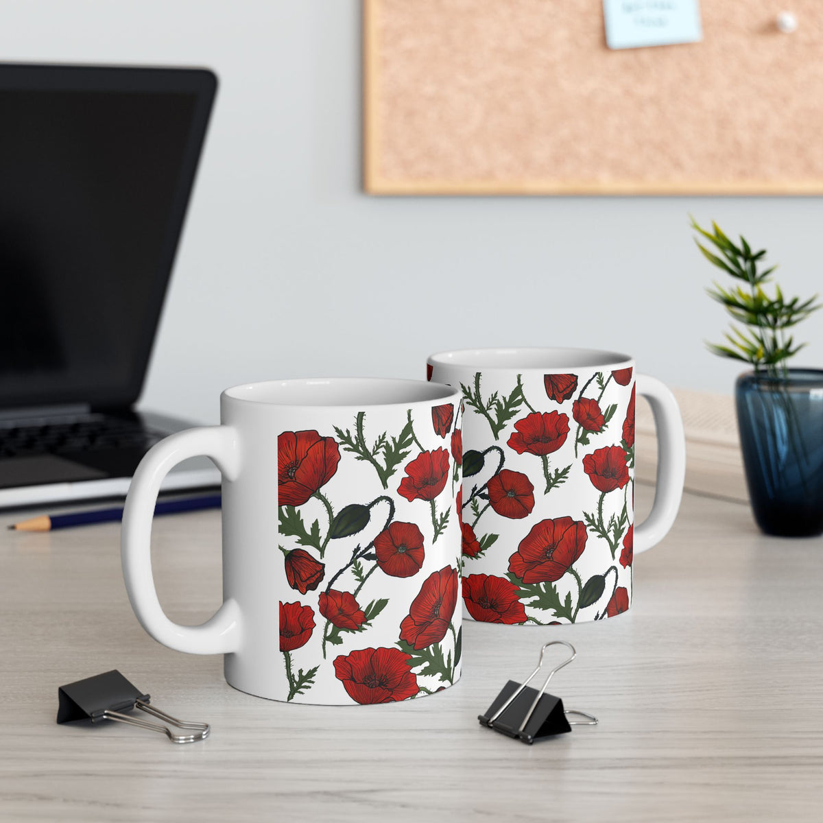 Poppy Field White Ceramic Mug, (11oz, 15oz)
