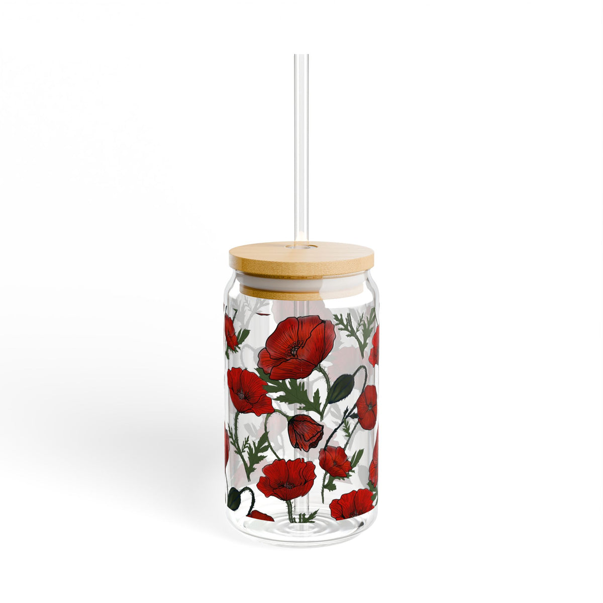 Poppy Field Sipper Glass, 16oz Glass Can