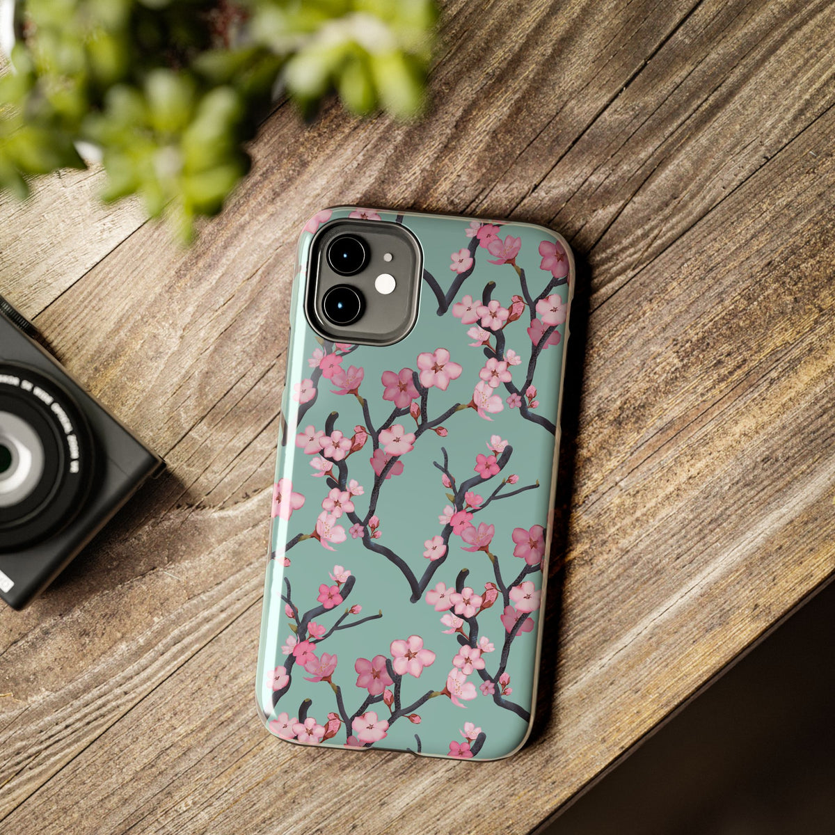 iPhone Tough Phone Cases Cherry Blossom Green Background