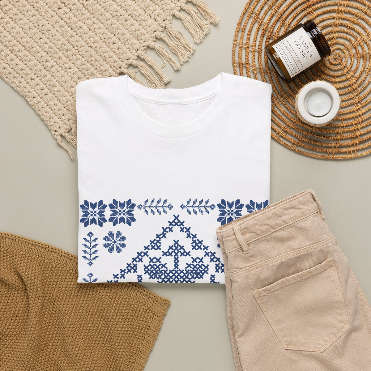 Tatreez Unisex Heavy Cotton Tee Blue Stitch Design