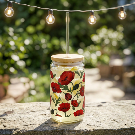 Poppy Field Sipper Glass, 16oz Glass Can