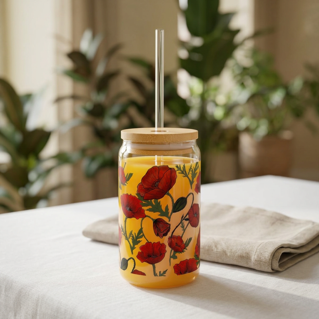 Poppy Field Sipper Glass, 16oz Glass Can