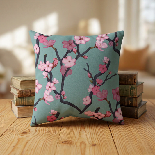 Cherry Blossom Faux Linen Pillow