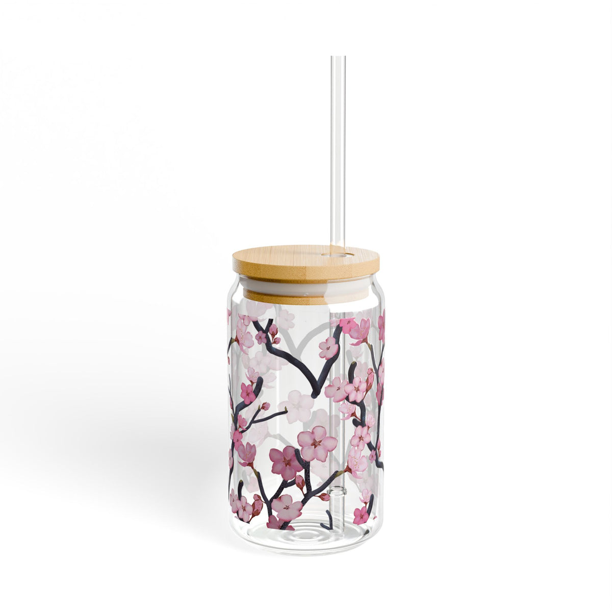 Cherry Blossom Sipper Glass, 16oz Glass Can