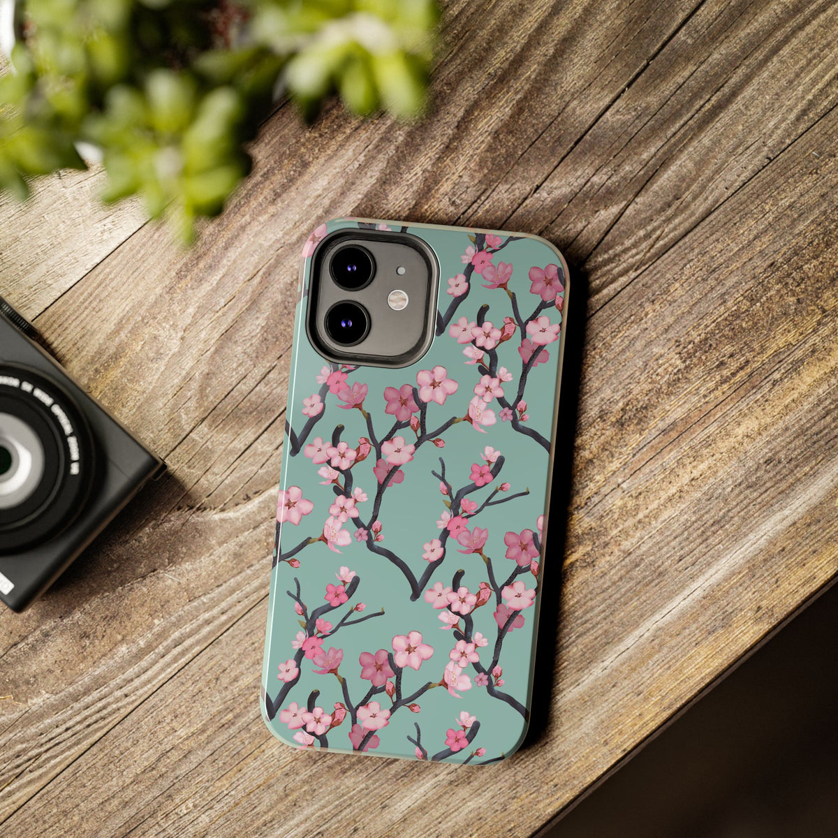iPhone Tough Phone Cases Cherry Blossom Green Background