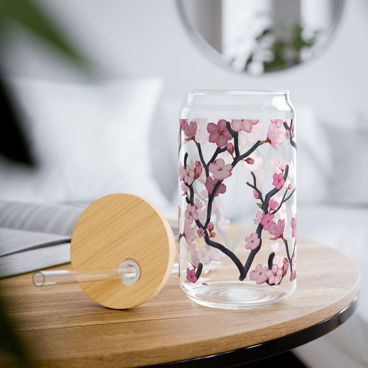 Cherry Blossom Sipper Glass, 16oz Glass Can