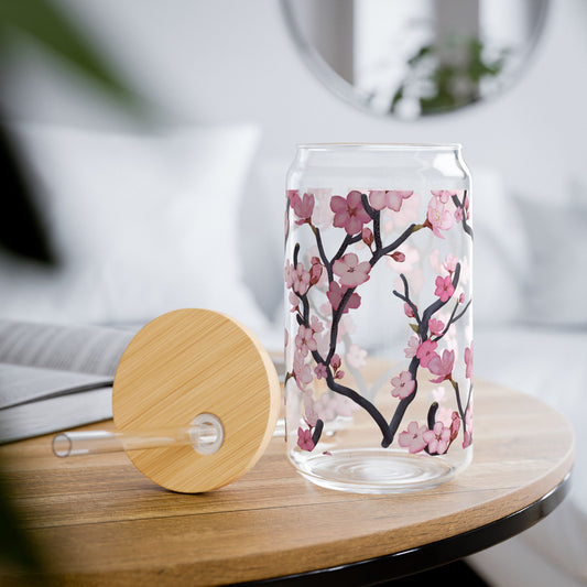Cherry Blossom Sipper Glass, 16oz Glass Can