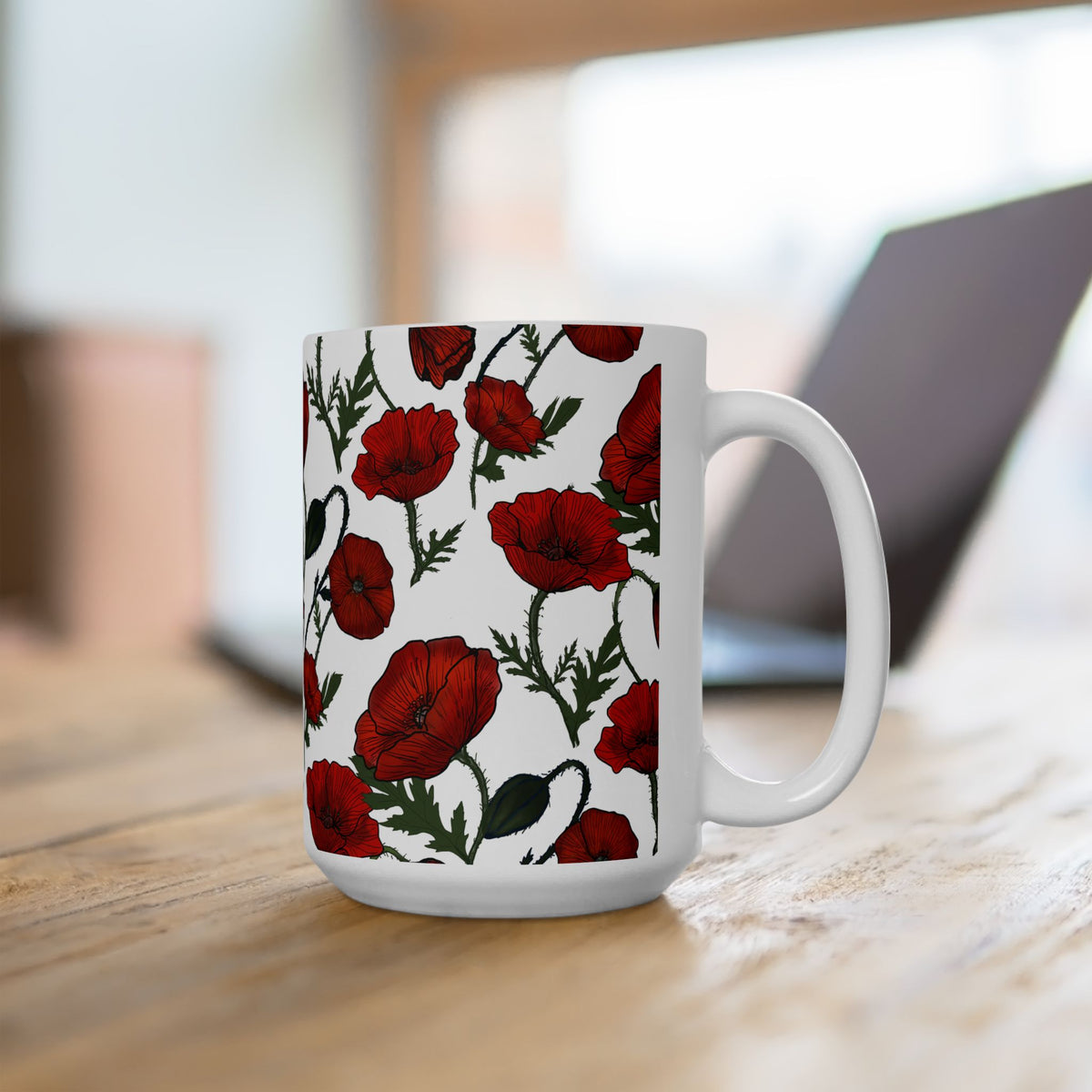 Poppy Field White Ceramic Mug, (11oz, 15oz)