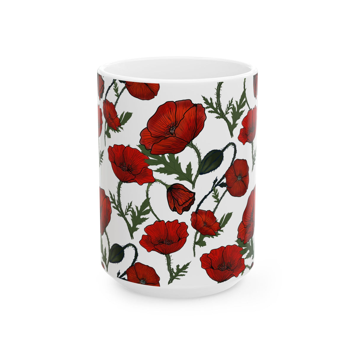 Poppy Field White Ceramic Mug, (11oz, 15oz)