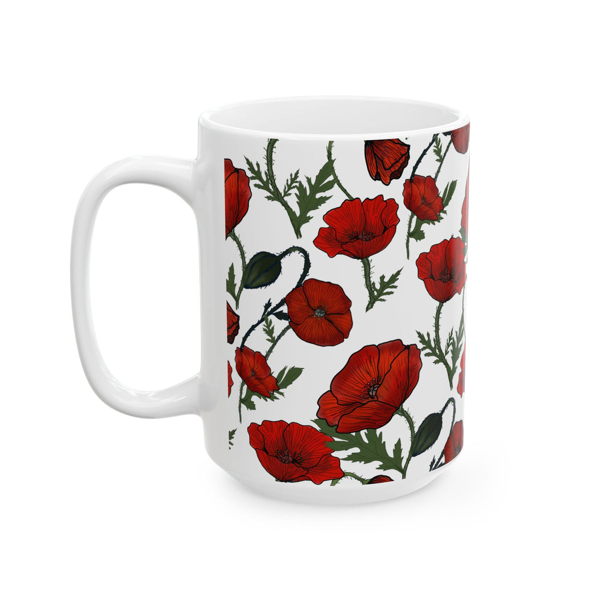 Poppy Field White Ceramic Mug, (11oz, 15oz)