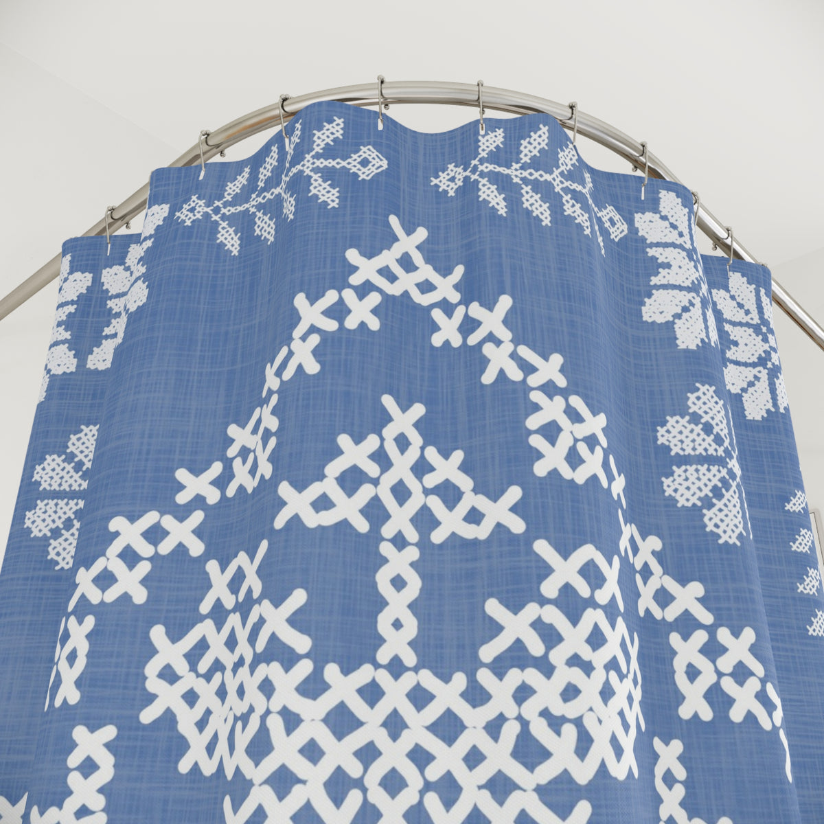 Tatreez Shower Curtain | Blue and White Bathroom Decor