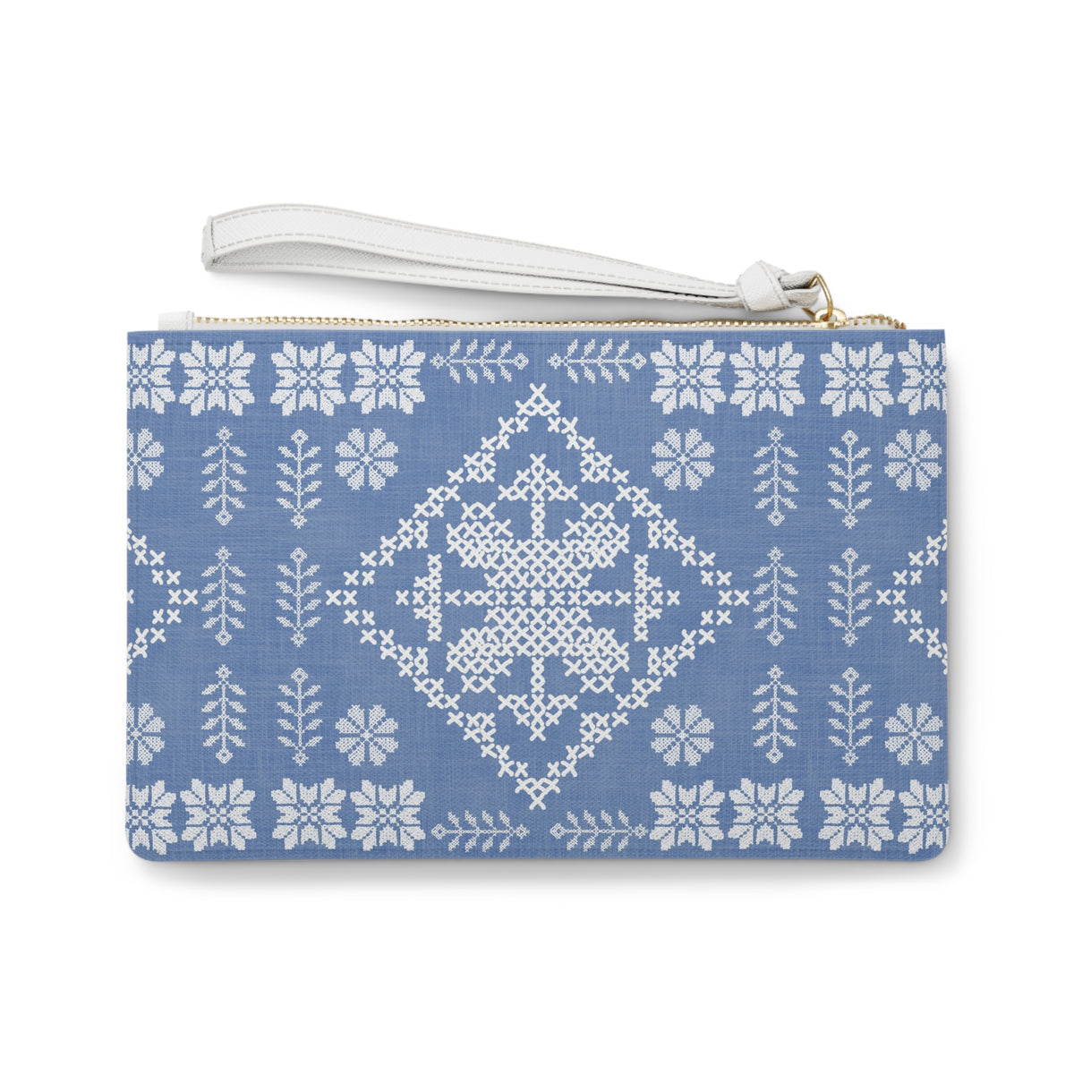 Tatreez Clutch Bag Blue with White Stitch Print