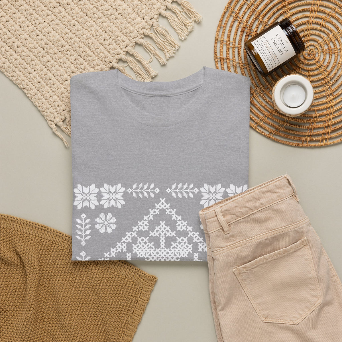 Tatreez Unisex Heavy Cotton Tee White Stitch Design