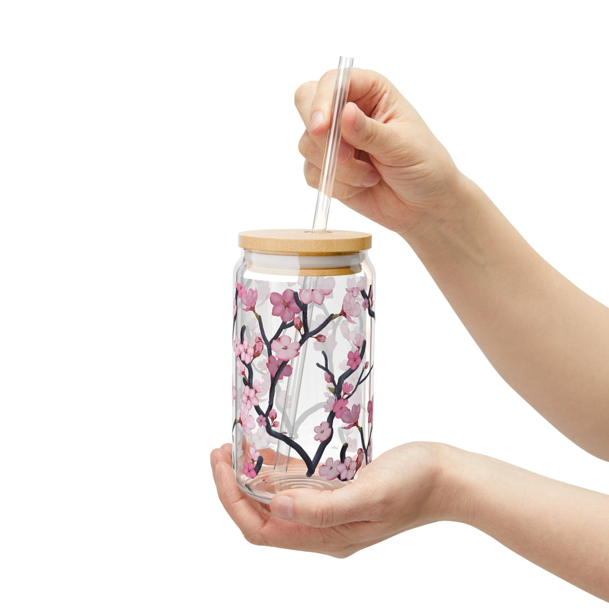 Cherry Blossom Sipper Glass, 16oz Glass Can
