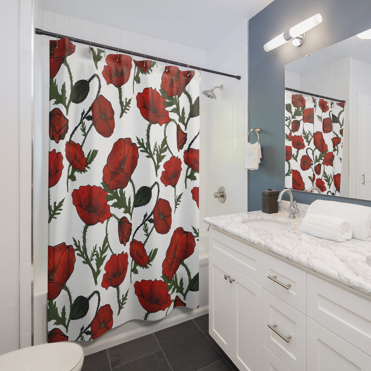 Poppy Field Shower Curtain – Red Floral Bathroom Decor