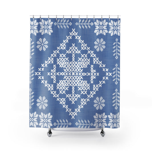 Tatreez Shower Curtain | Blue and White Bathroom Decor