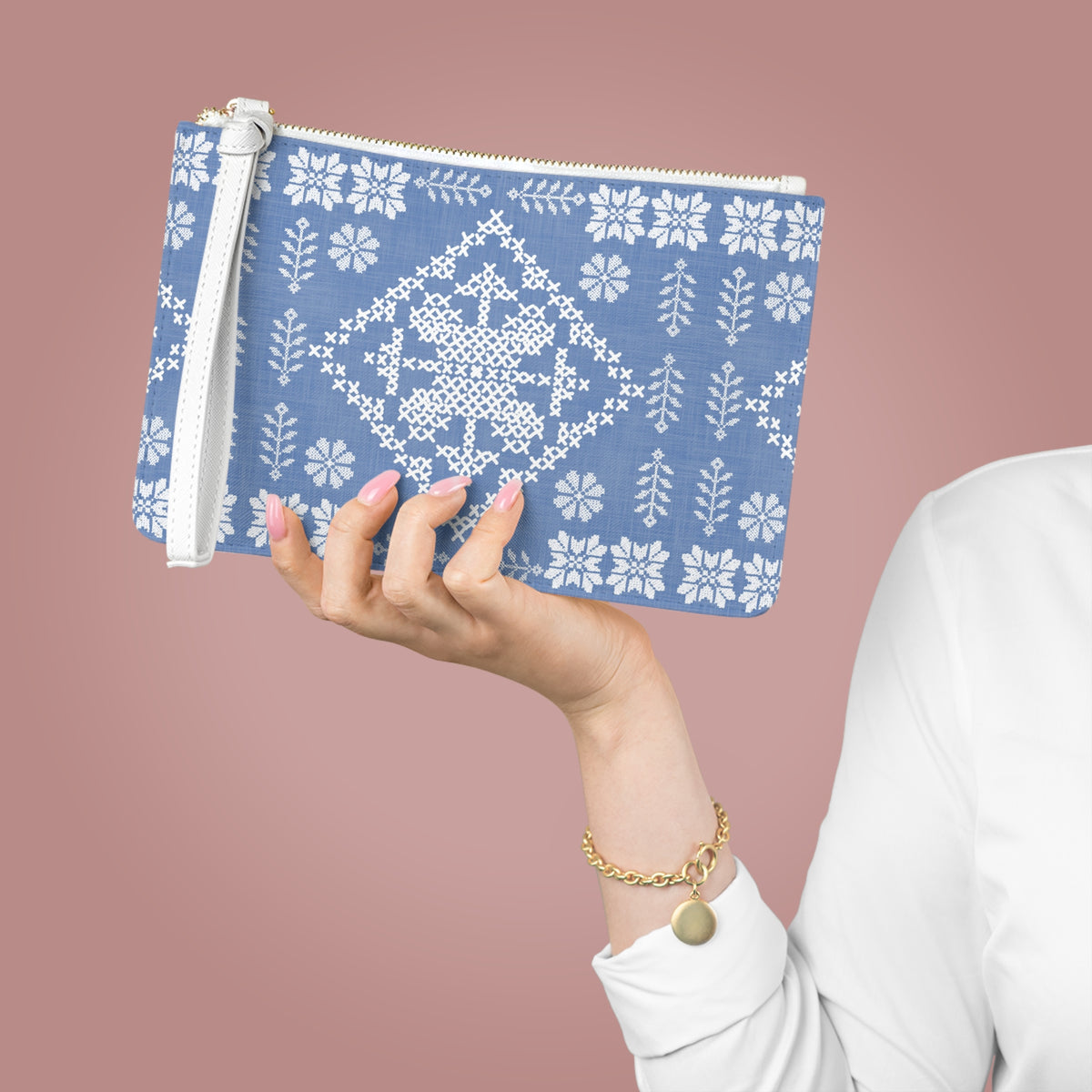 Tatreez Clutch Bag Blue with White Stitch Print