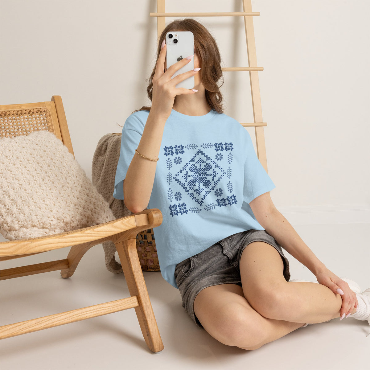 Tatreez Unisex Heavy Cotton Tee Blue Stitch Design
