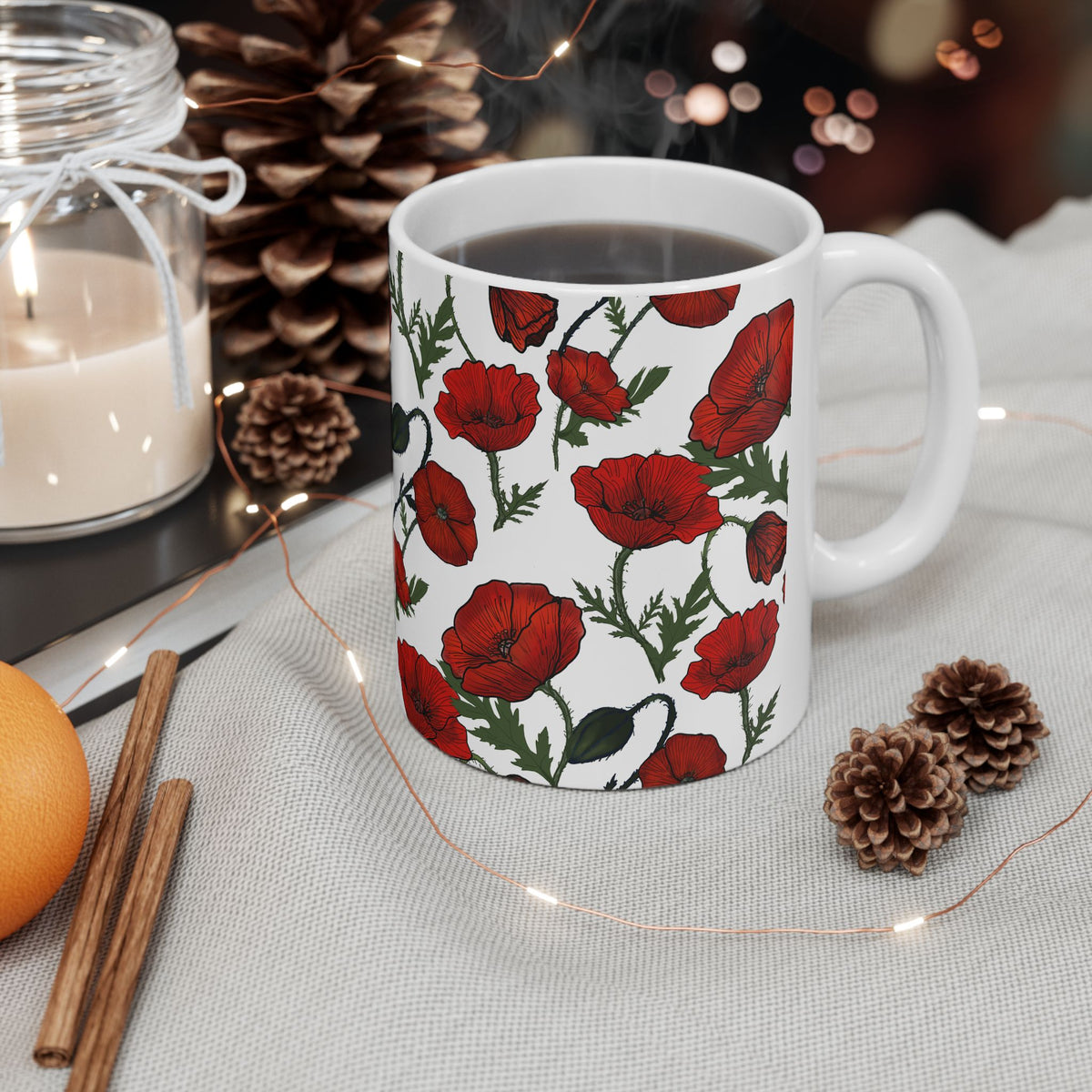 Poppy Field White Ceramic Mug, (11oz, 15oz)