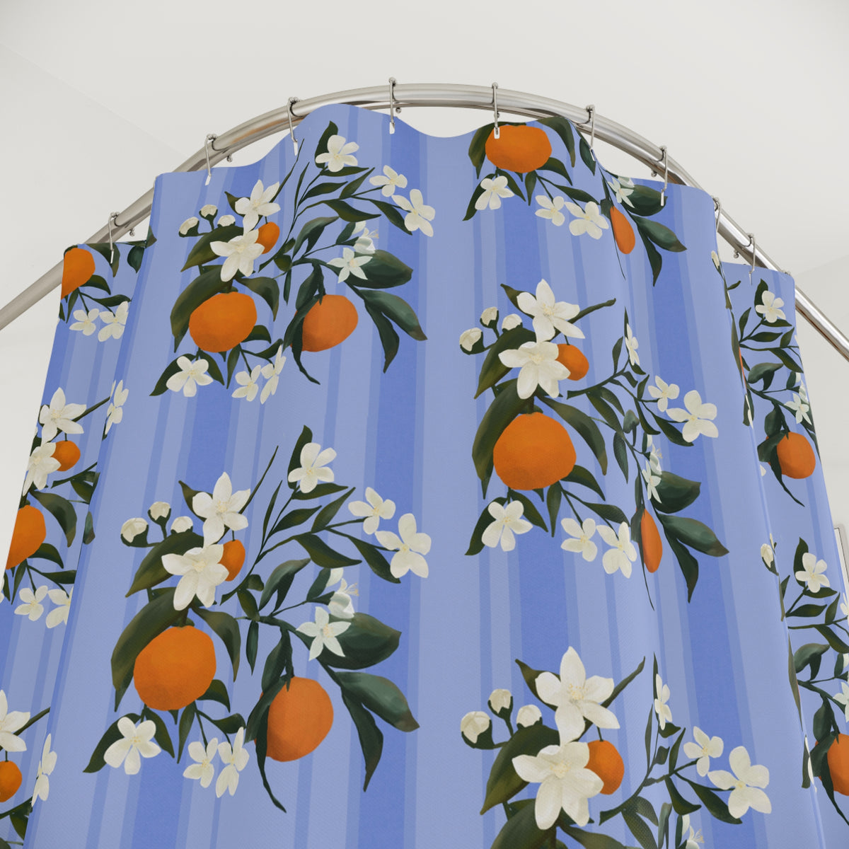 The Grove  Citrus Blossom Shower Curtain – Blue Orange Floral Bathroom Decor