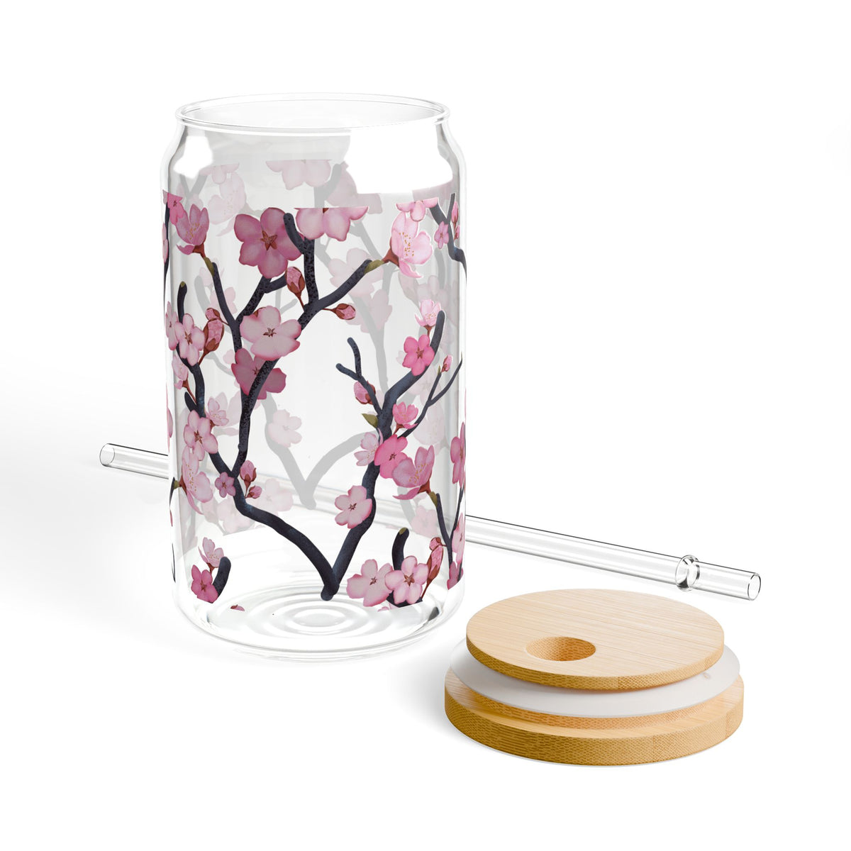 Cherry Blossom Sipper Glass, 16oz Glass Can