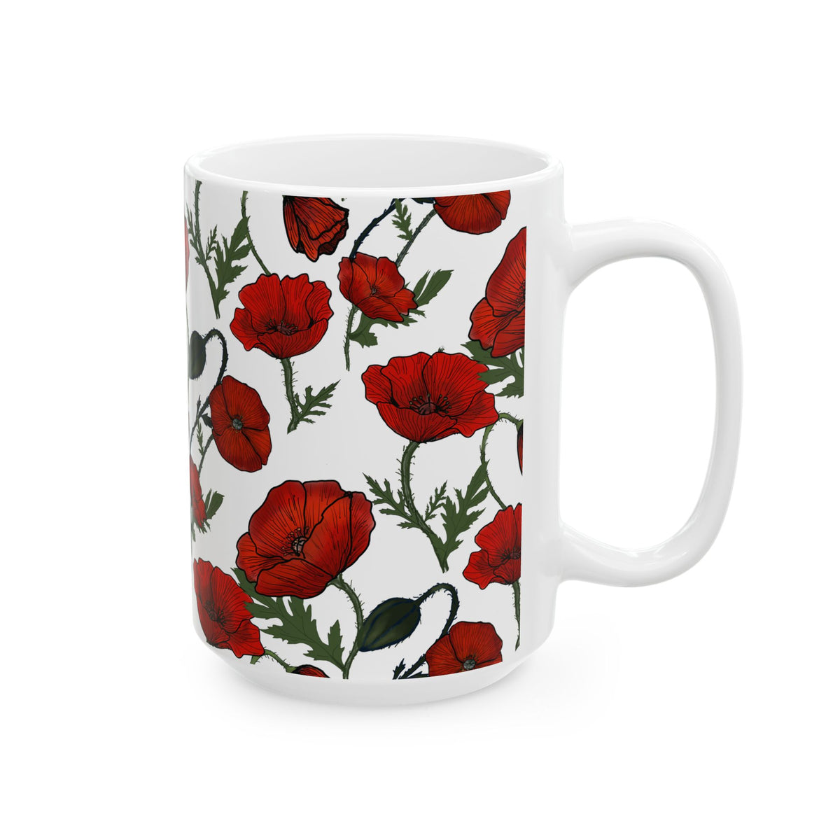 Poppy Field White Ceramic Mug, (11oz, 15oz)